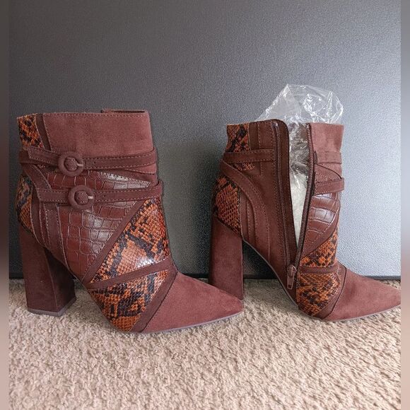 JustFab Shoes - Just Fab Adler Patchwork brown suede and snake print heeled Bootie Women Size 8
